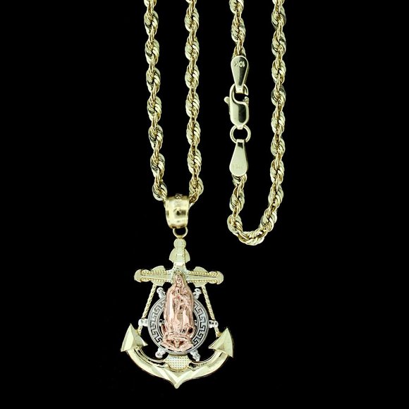 10K Real Gold Rope Chain and Virgin Mary Anchor Cross Pendant Set - Picture 1 of 9